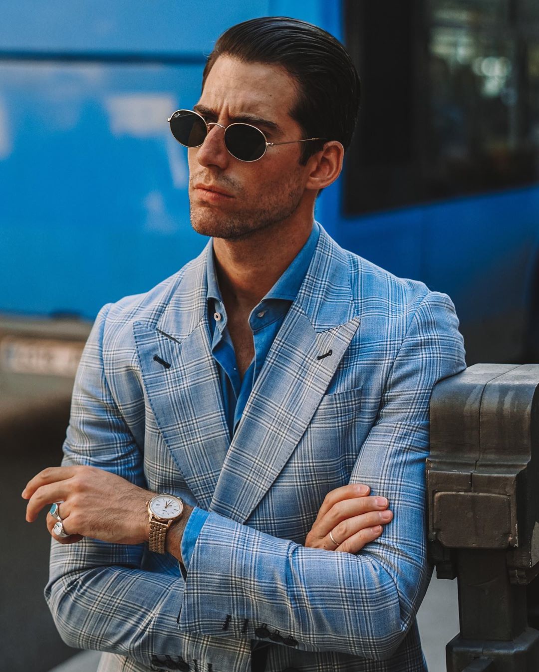 Winter Blue Plaid Mens Suits High Quality Slim Fit Double Breasted Peaked Lapel Check Groom Men Prom Party Blazer Jacket(jacket+pants)