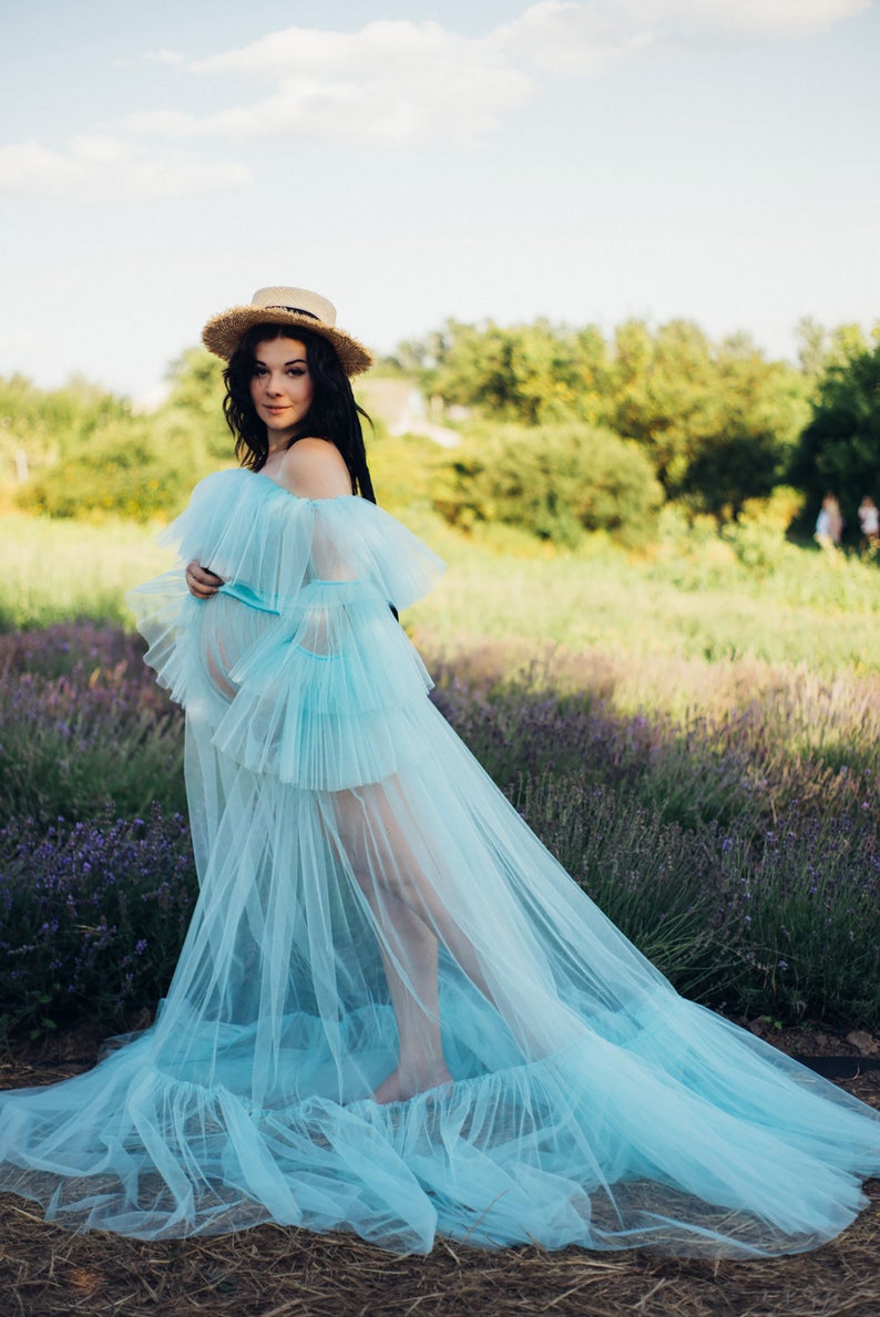 Sky Blue Illusion Ruffles Bathrobe Sleepwear Bridal Long Nightgowns Luxury Lingerie Birthday Party Wedding Gowns Shower Robes