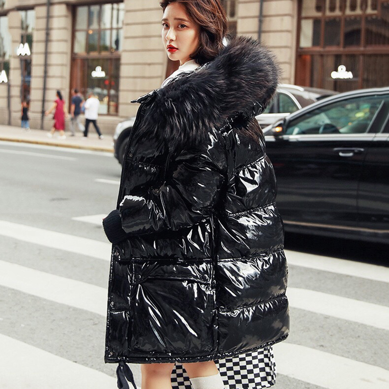 Big Fur Patent Leather Winter Jacket Women Thicken Long Down Parka Hooded Female Duck Down Waterproof Coat 201029