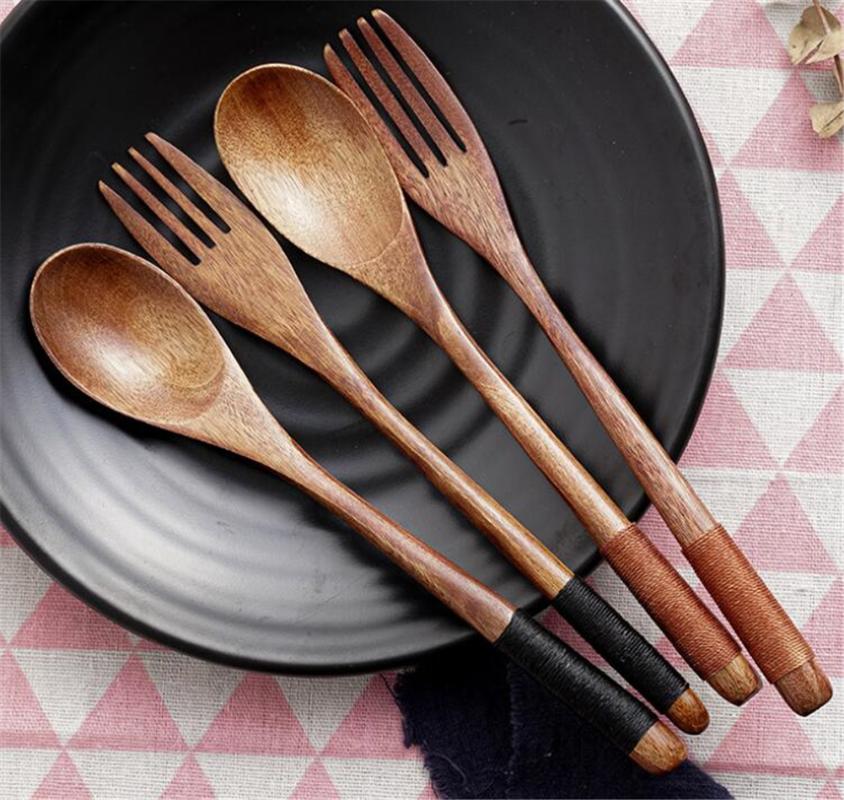 

2pcs Wooden Spoon Salad Fork Spoon Set Wood Kitchen Utensils Long Handle Soup Tableware Dinnerware Cutlery For Kitchen