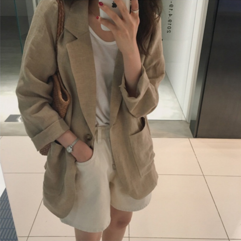 Women Summer Cotton Linen Notched Collar Jacket Vintage Coat Single Button Casual Chaqueta Mujer Pocket Veste Femme 201126