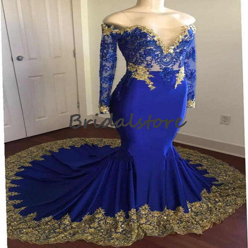 Elegant Royal Blue Mermaid Prom Dresses 2022 With Gold Lace Off The Shoulder Long Sleeve Plus Size Evening Dress With Sweep Train Vintage Robes De Soi