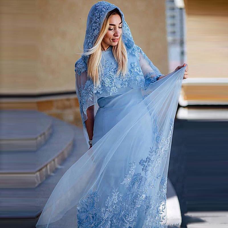 Light Sky Blue Muslim Evening Dresses Lace Appliques Hooded Cloak Saudi Arabia Women Prom Dresses Sweep Train Formal Party robes de soirée