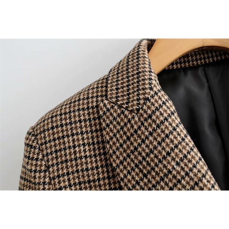 Winter Woolen Lattice Suit Jacket Ladies Office Blazer Double Breasted Loose Coat European Women Clothing 201030