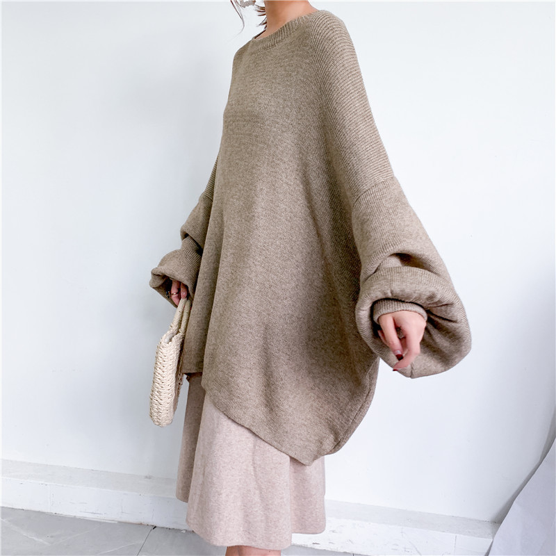[EAM] Oversized Gray Knitting Sweater Loose Fit Round Neck Long Sleeve Women Pullovers New Fashion Autumn Winter 1Y190 201222