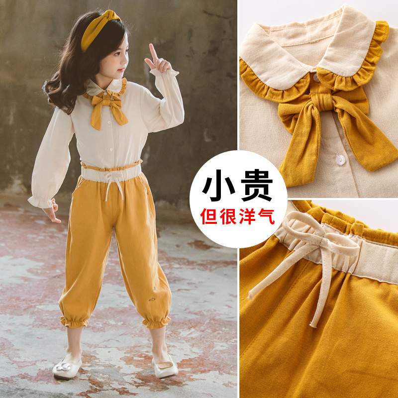 New Style Girls Set Literature and Art Bowtie Cotton Shirt Long Sleeve Piece Foreign Trade Supply of Goods ChildreX1019