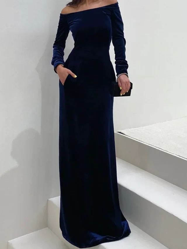 Dark Navy Engagement Prom Dress Off Shoulder Long Sleeve Floor Length Velvet Formal Party Gown New Vestidos Fiesta Robe De Soiree 2022
