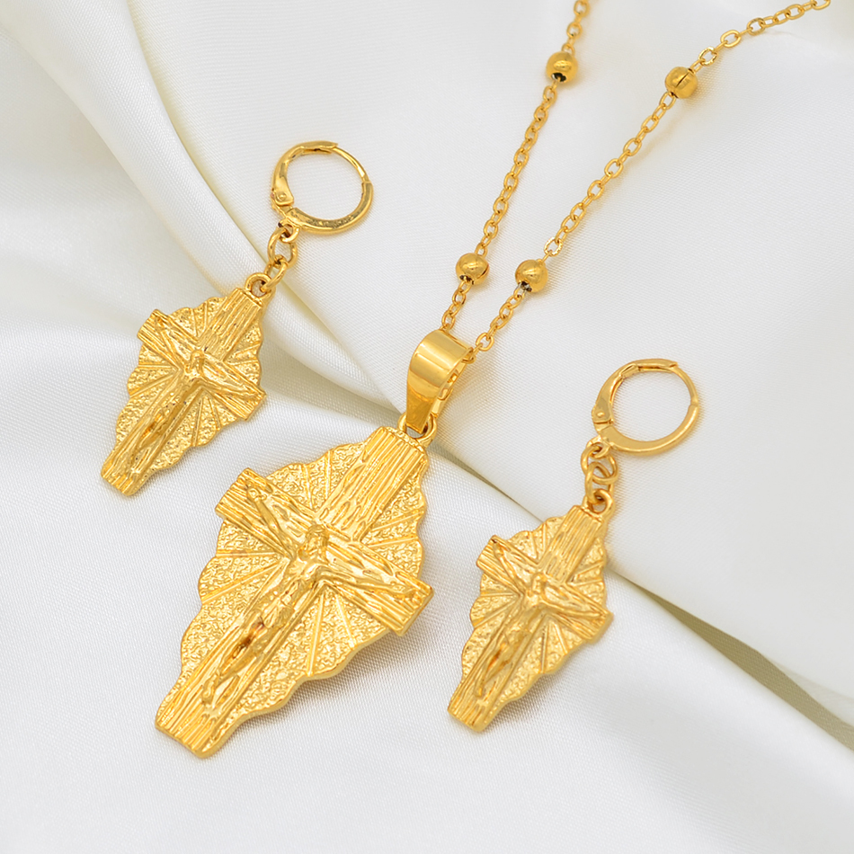Anniyo Hawaii Jesus Jewelry Set Cross Pendant Necklaces Earrings Women Girls Gold Color Guam Micronesia Chuuk Pohnpei #212306 201222