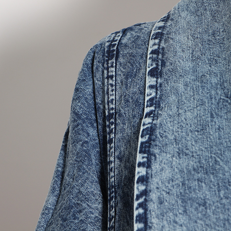 EWQ Female Clothing Overcoats Vintage Denim Women Windbreaker Lapel Collar Half Sleeve High Waist Trench Coats Blue 201015