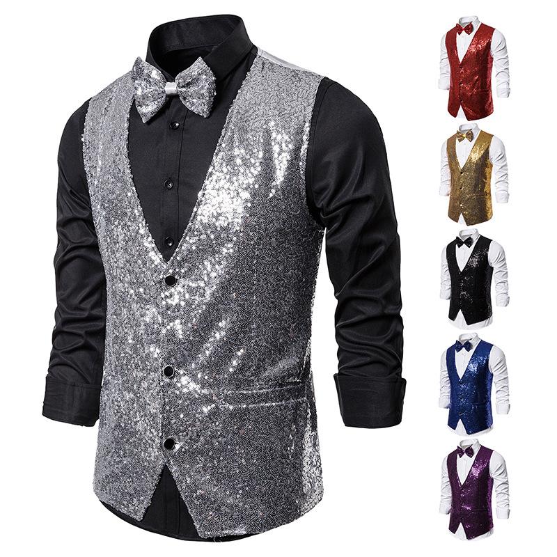 

Men' Stage Performance Clothes Small Sequin Vest Studio Photo Host Singer Emcee Vest Suit Men Black Banquet, 05