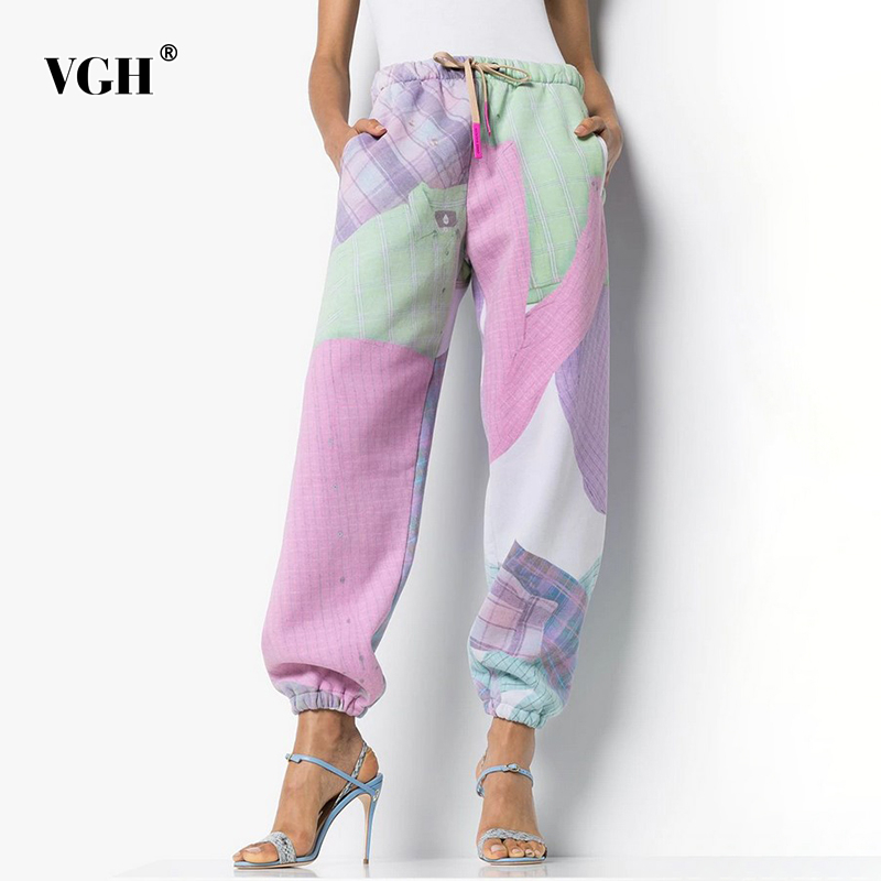 VGH Harem Pants For Women Mid Waist Lace Up Print Hit Color Loose Pockets Casual Pant Female Autumn New Clothing Tide 201228