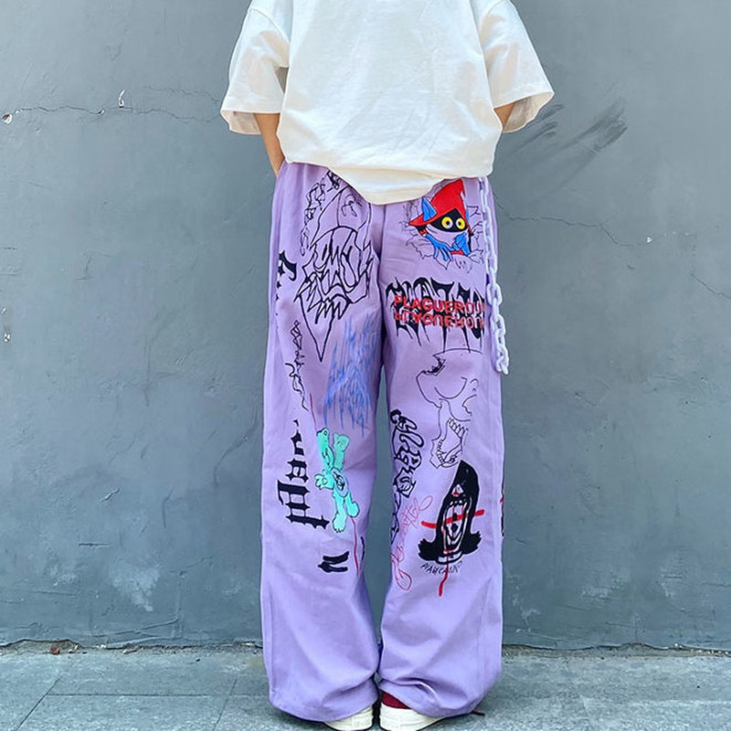 HOUZHOU Punk Oversized Anime Pants Women Aesthetic Wide Leg Pants Hip Hop Streetwear Fashion Print Loose Palazzo Pants 201109