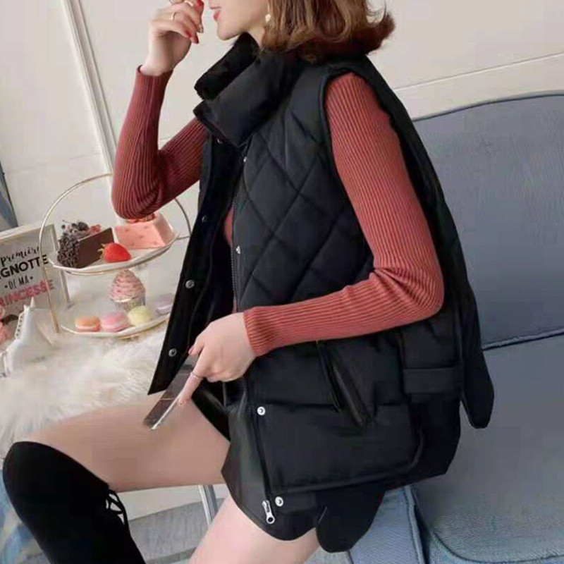 MUMUZI Winter warm Women's Vest loose Plaid Down Cotton wadded Coats Slim Zipper Waistcoats Beige Sleeveles Parkas Female 201102