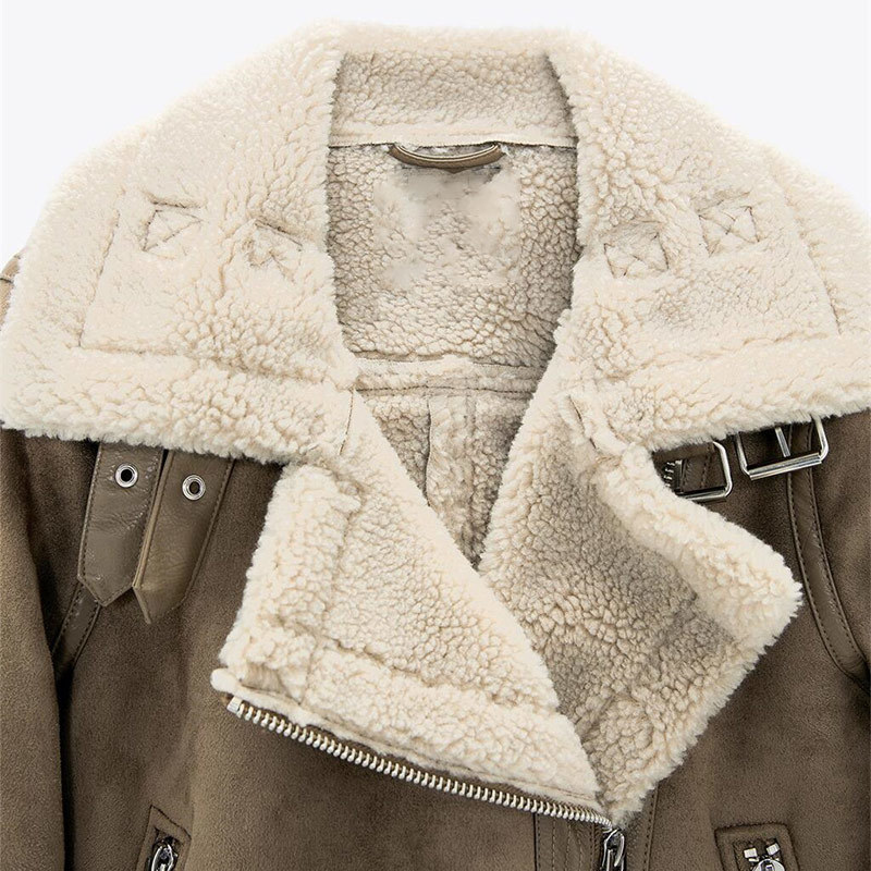 Winter Fleece Thick Women's Jacket Retro Suede Lambs Wool Warm Moto Biker Coat Belt Pockets Zipper Faux Leather Woman Jackets 210201