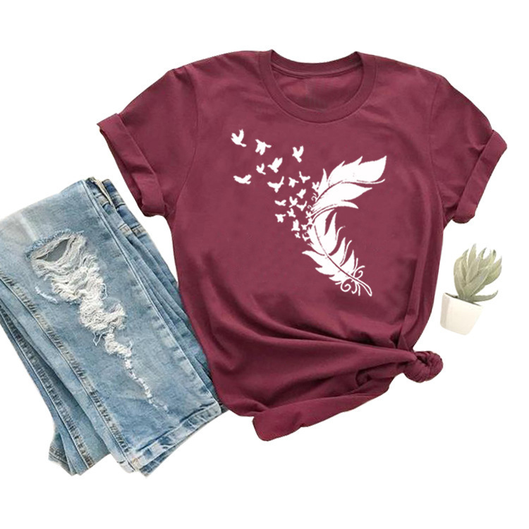 2020 Women casual Harajuku fashion t-shirt feather print loose o-neck short sleeve elastic stretched summer home new Tee Shirt