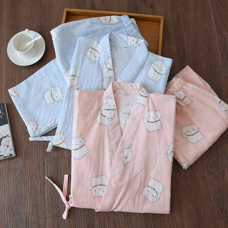 New Ladies Cartoon Cat Print Kimono Trousers Pajamas Suit Cotton Home Service Bath Steamed Clothes Women's Pajama Pants T200429