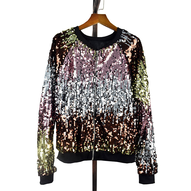 Ladies Autumn Sequin Bomber Jacket Casual Long Sleeve Front Zip Up Casual Coat with Ribbed Cuffs Party Festival Costumes 201017