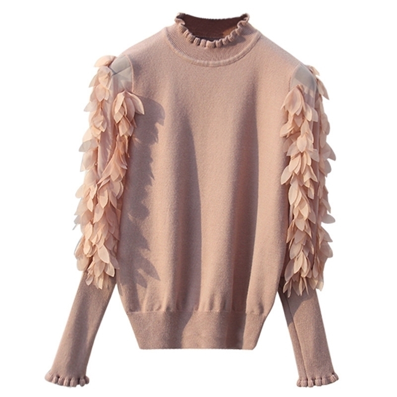 HLBCBG Ruffled Collar Knitted Women Sweater Spring Autumn Loose Jumper Fashion Flowers Sleeves Sweater and Pullover Femme Pull 201120
