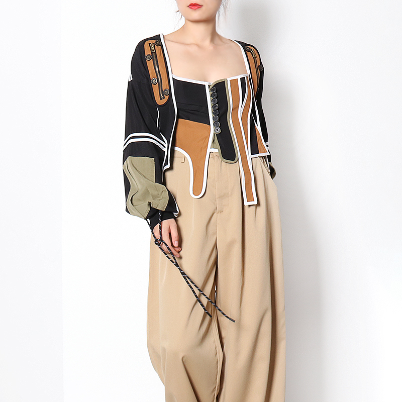 Women's Patchwork Casual Coat - Square Collar, Long Sleeve, Lace Up Bowknot, Streetwear Jacket