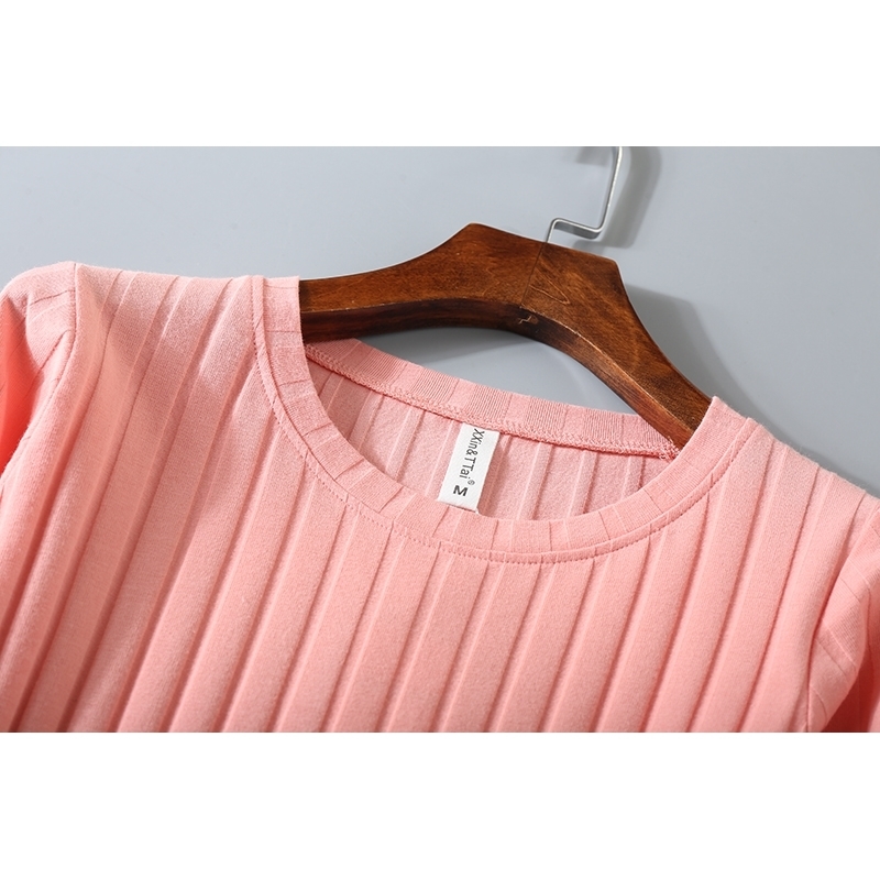 Striped Elastic T Shirt Women Spring Top Casual O Neck Long Sleeve Shirt Cotton T-Shirts Tops Knitted Blusas Plus Size D108 201029