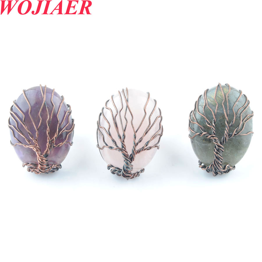 WOJIAER Antique Rings for Women Natural Stone Egg Shape Bead Vintage Wire Wrapped Tree of Life Adjustable Ring BO913