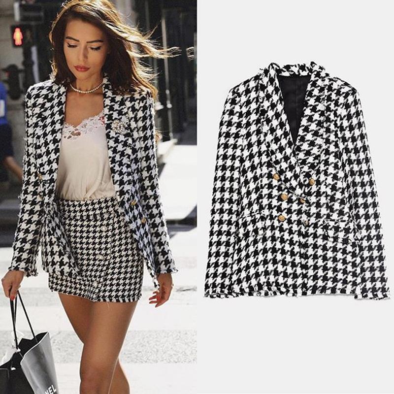 Stylish Houndstooth Double Breasted Blazer Coat Women Autumn Fashion Long Sleeve Frayed Trims Outerwear Chic Plaid Tops, Black
Stylish Houndstooth Double Breasted Blazer Coat Women Autumn Fashion Long Sleeve Frayed Trims Outerwear Chic Plaid Tops, Black