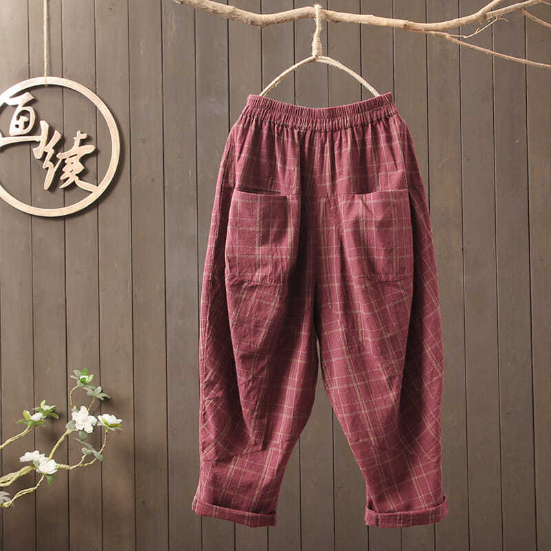 Spring New Arts Style Women Elastic Waist All-matched Casual Loose Pants Cotton Linen Plaid Vintage Harem Pants S876 201228, Red
Spring New Arts Style Women Elastic Waist All-matched Casual Loose Pants Cotton Linen Plaid Vintage Harem Pants S876 201228, Red