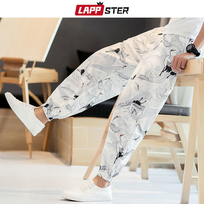LAPPSTER Men Crane Print Streetwear Joggers Pants Summer Harajuku Thin Harem Pants Mens Fashion Vintage Sinicism Trousers 201110