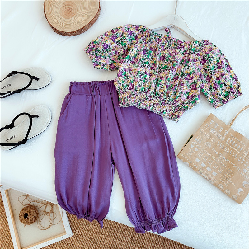 Girls' summer suit one shoulder chiffon foam sleeve Floral Top + wide leg pants two piece girls' clothing 2-8 years oldX1019