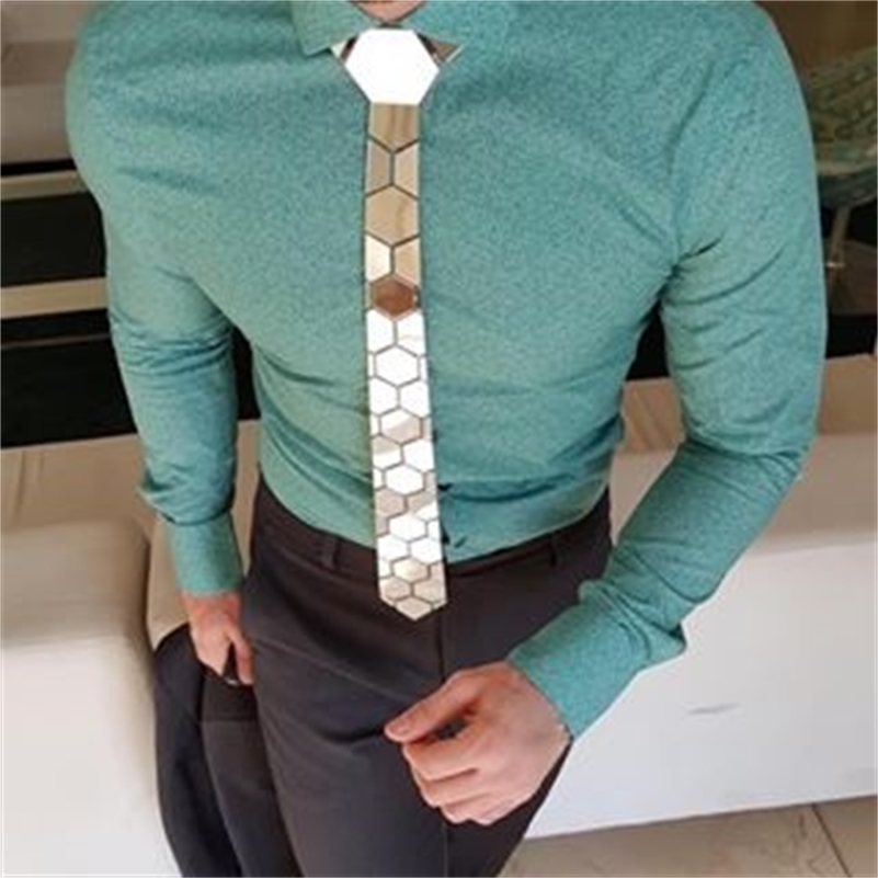 Reversible Mirror Necktie Gold n One side Silver Classy Hexagons Lover Gift Acrylic Shining Ties Slim Tie Clip Set 201027