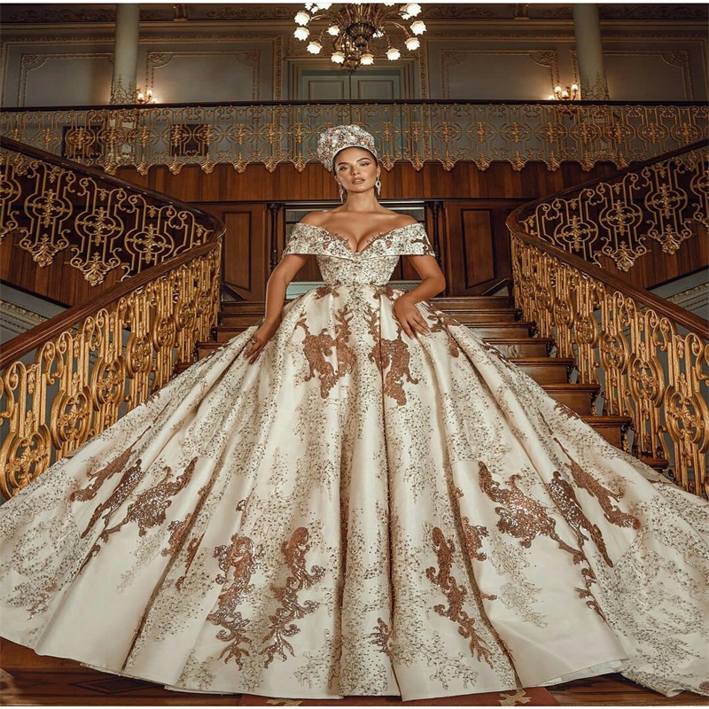 Gold Ball Gown Wedding Dresses Arab Luxury Sequins Applique Crystal Beads Bridal Gown Off Shoulder Court Train Custom Made Vestidos De Novia