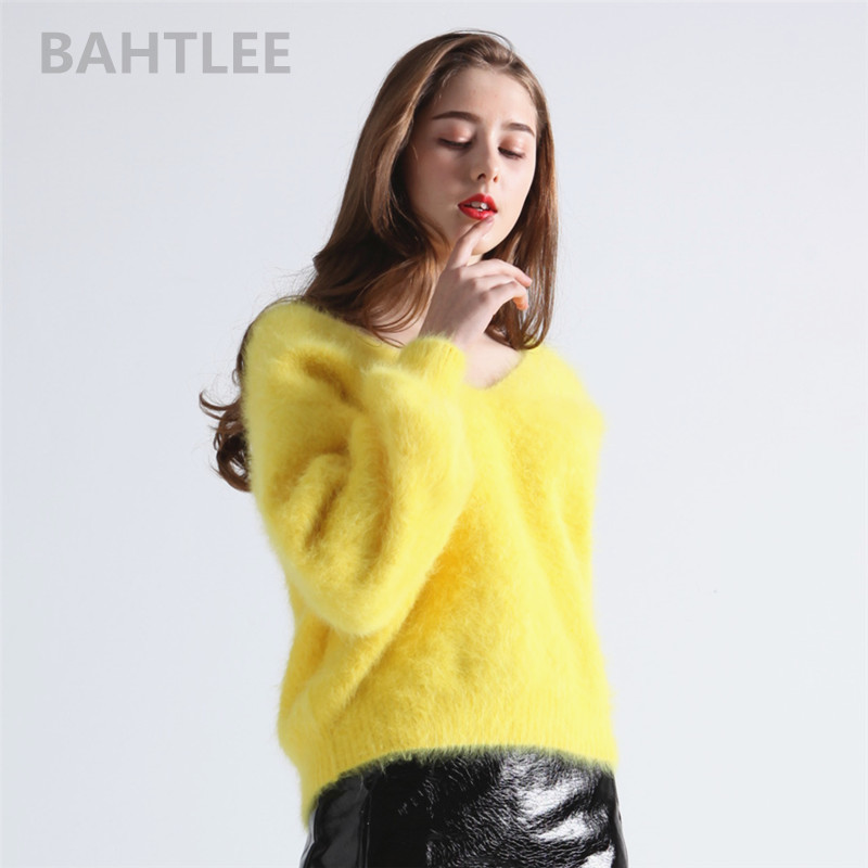 BAHTLEE Winter Women's Angora Rabbit Jumper Sweater V-Neck Lantern Sleeve Mink Cashmere Knitted Pullovers Keep Warm Thick Loose 201017