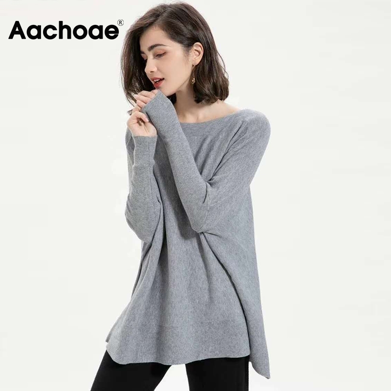 Aachoae O Neck Oversized Sweater Women Batwing Long Sleeve Casual Tops Solid Stylish Female Pullover Sweater Jersey Mujer 201222