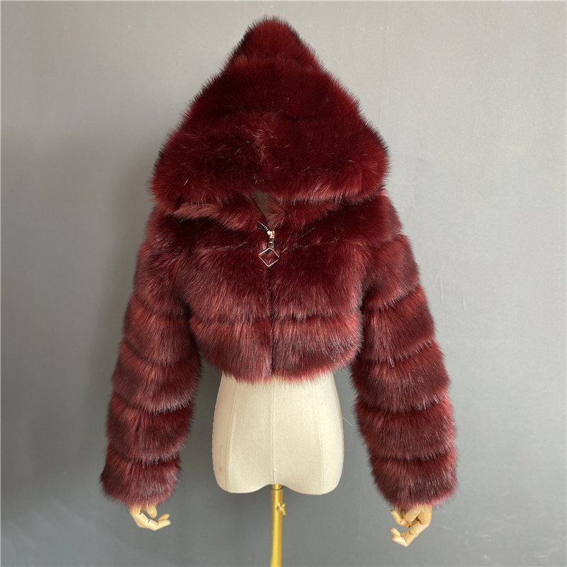 High Quality Cropped Fur Faux Fur Coats and Jackets Women Fluffy Top Coat With Hood Winter Fur Jacket Coat Female 201110