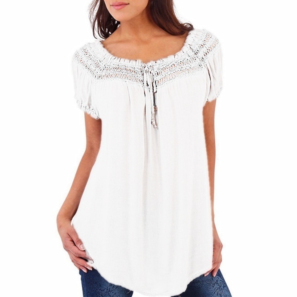 2019 HOT Women's Fashion Blouses Plus Size Loose Vneck Lace Patchwork Short Sleeve Blouse Tops Tees 7 Colors Lady Shirts T200321