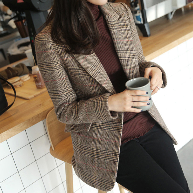 Women Blazers And Jackets Spring Autumn Fahion Plaid Single Button Long Sleeve Casual Short Coats Famale Pockets Outwear 201114