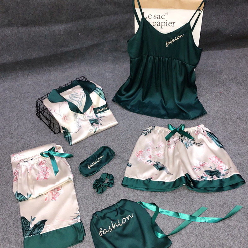 JRMISSLI 7 Piece Silk Satin Pajamas femme Pyjamas Women Sleepwear Pijama Women Pajamas Suit Female Sexy lingerie home wear 201027wtt