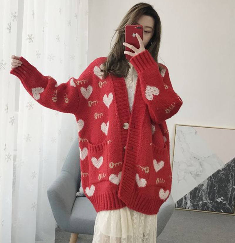 AZYT Autumn Winter Women's Sweater Coat Sweet Heart Print Oversize Knit Female Cardigan Harajuku Loose V Neck Knitwear Tops 201031