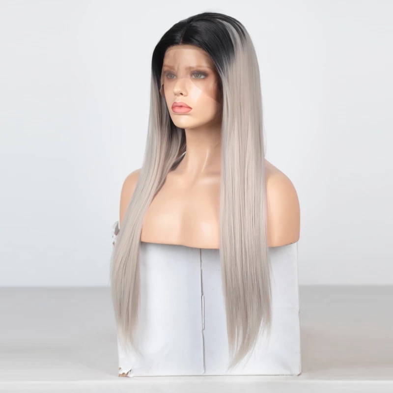 Ombre Silver Grey Wig Long Straight Hair Synthetic Lace Front Wig Heat Resistant Fiber Hair Cosplay Wigs for Women