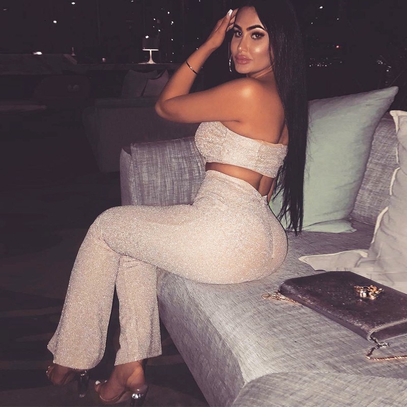 Women's Sexy Glitter Two Piece Set Crop Top & Pants - Sparkle Sequins Clubwear Outfit, Polyester, Beige, Sier, 2024 B2