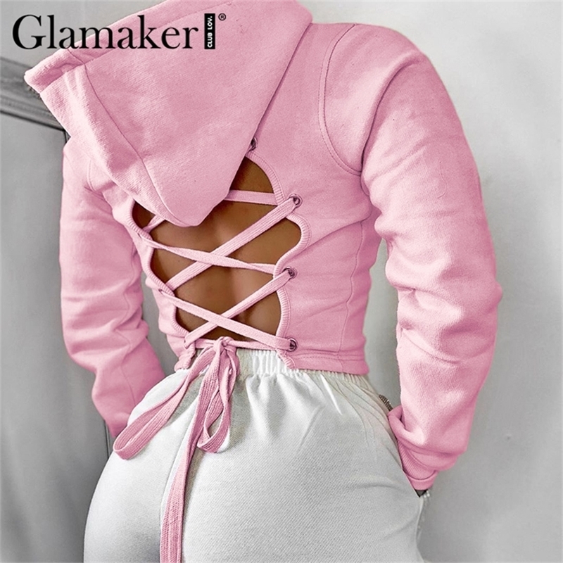 Glamaker Backless pink hoodie sweatshirt women long sleeve bandage streetwear sweatshirt female casual autumn thin Sweatshirts 201217
