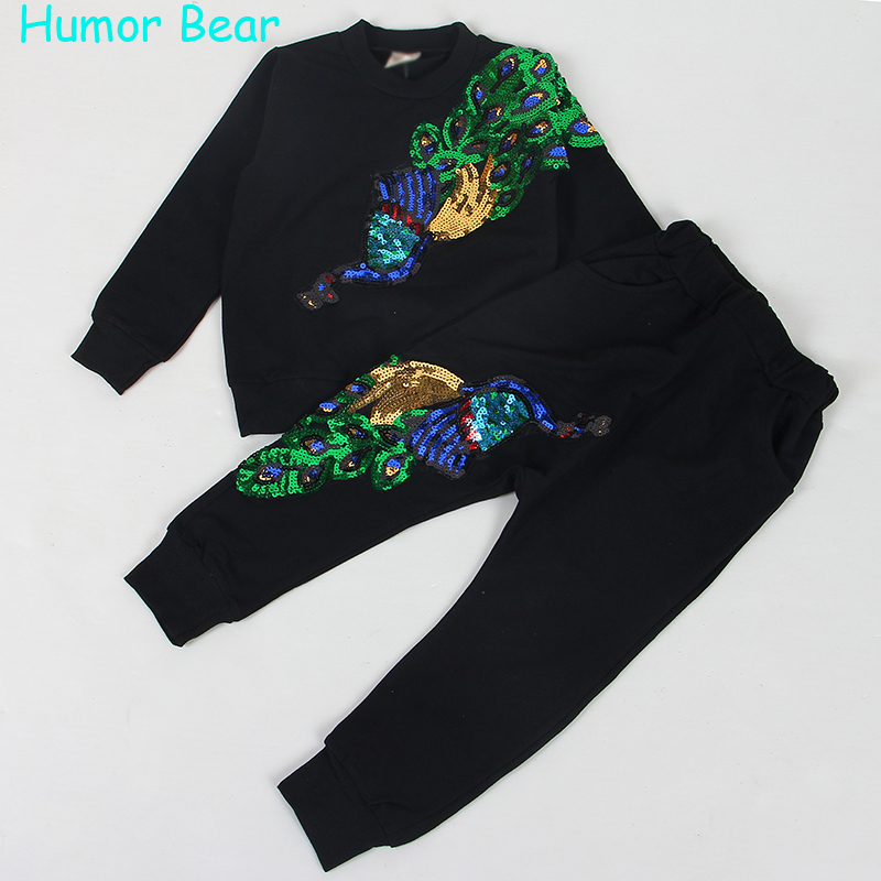 Humor Bear Girls Clothing Sets Winter Wool Sportswear Long Sleeve peacock Embroidered Sequinsets Kids Clothing Sets Y1107