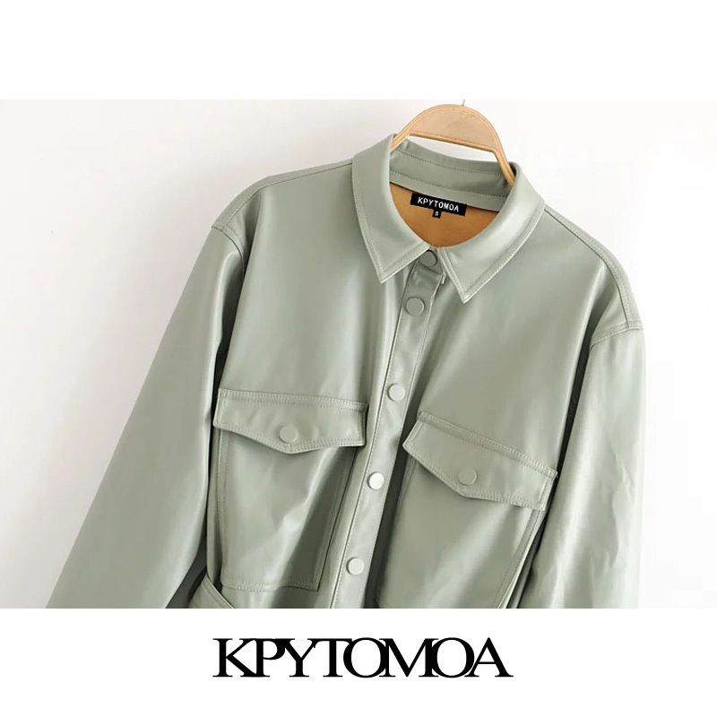 KPYTOMOA Women 2020 Street Fashion PU Faux Leather With Belt Jacket Coat Vintage Long Sleeve Pockets Female Outerwear Chic Tops LJ201127