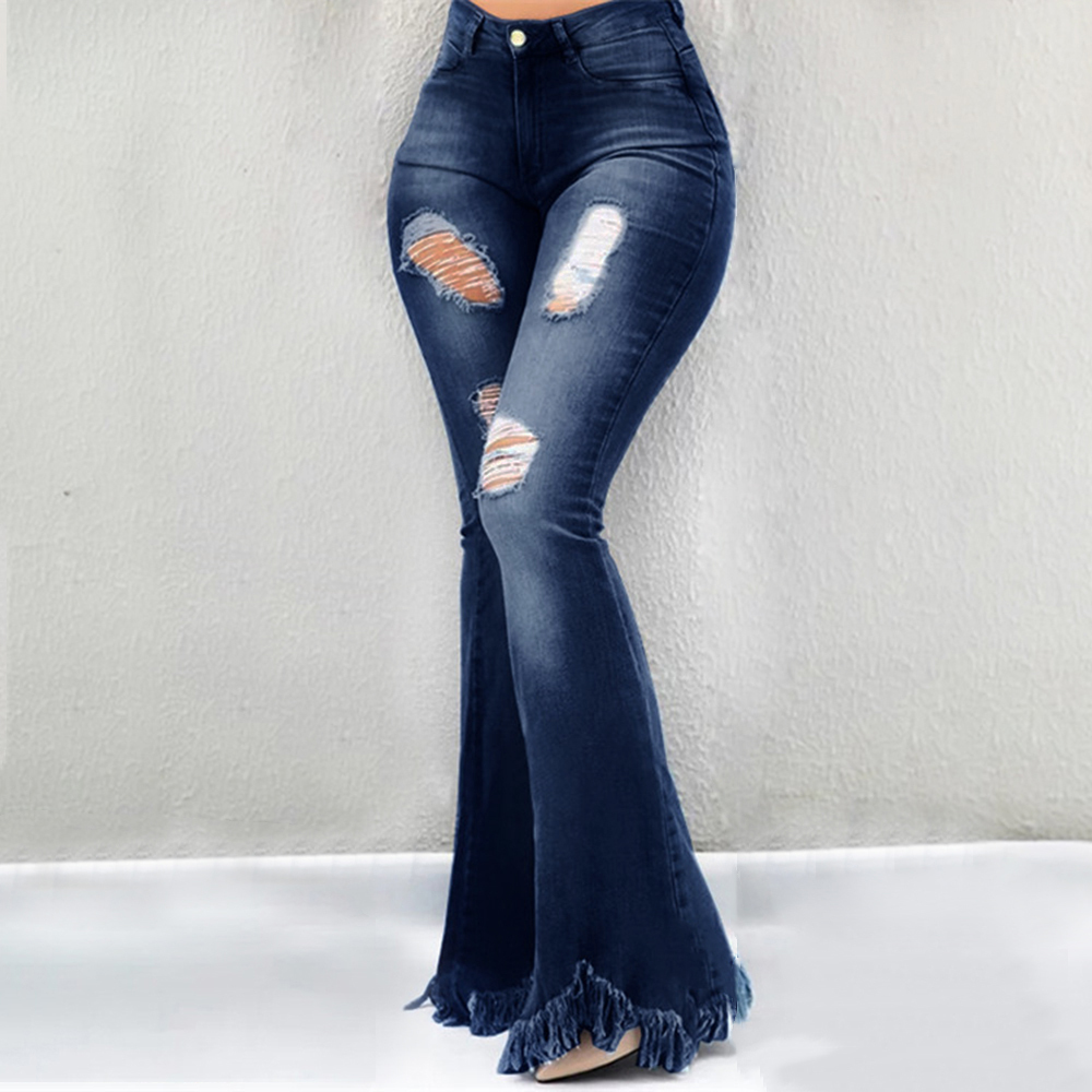 Women Flare Jeans High Waist Fringe Denim Skinny Pants Woman Stretch Jeans Female Wide Leg Jeans Bell Bottoms Clothes 201006
