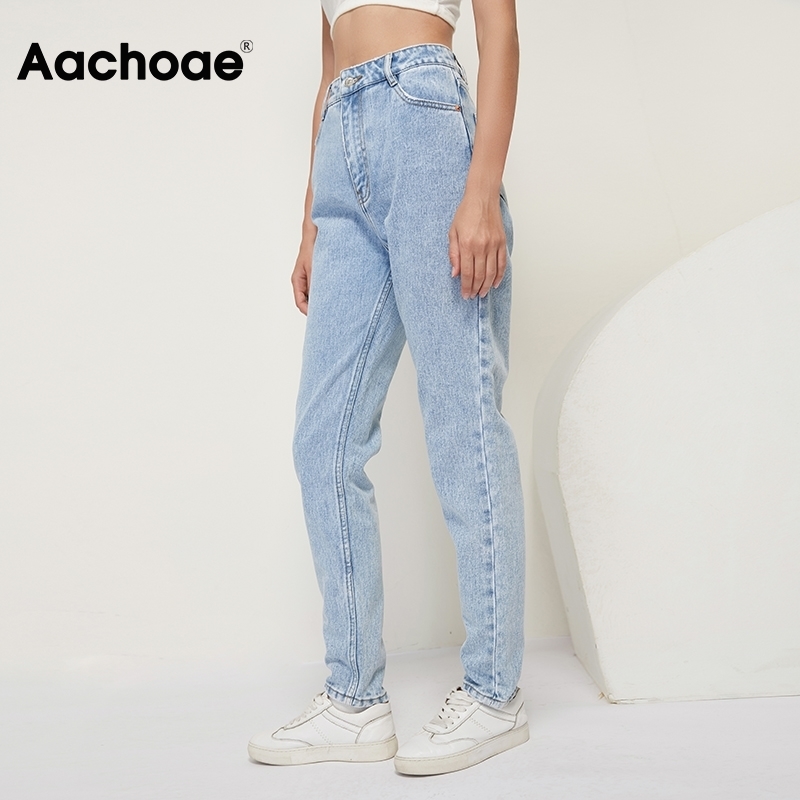 Aachoae Fashion 100 Cotton Mom Jeans Women High Waist Solid Pockets Cowboy Pants Zipper Fly Long Denim Pencil Trousers 201105