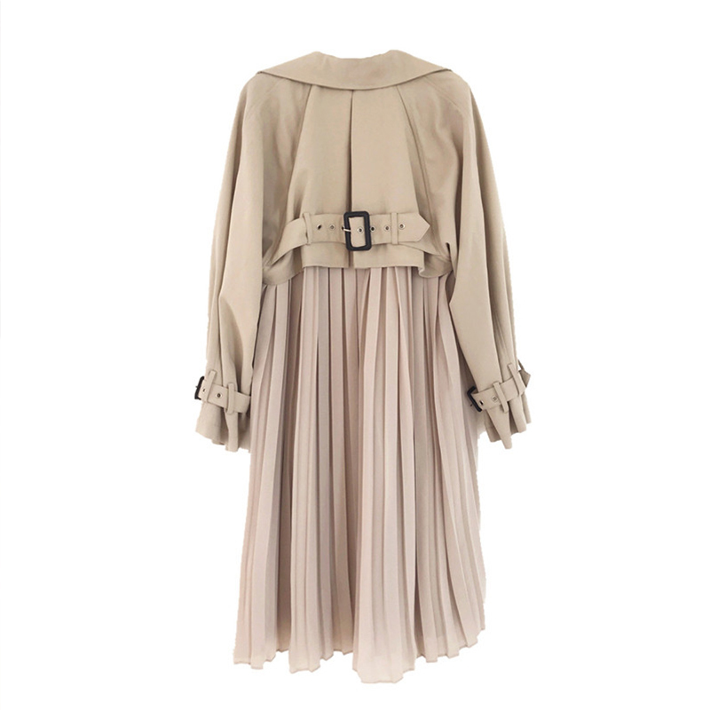 FTLZZ Womens Trench Coat Long Spring Coats Female Fashion Pleated Chiffon Splice Thin Outwear Loose Trench Coat For Women 201030