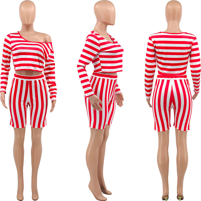 3xl 4XL Plus Size Outfits Summer Women Two Piece Set Long Sleeve pullover sweatshirt Shorts matching set Striped Tracksuits Casual Sportswear