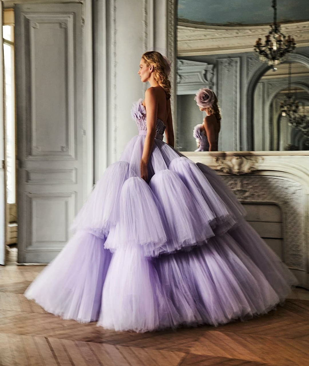 2020 Strapless Lavender Prom Dresses Puffy Tiered Ruffles Tulle Vintage Eveing Gowns Plus Size Long Formal Celebrity Dress