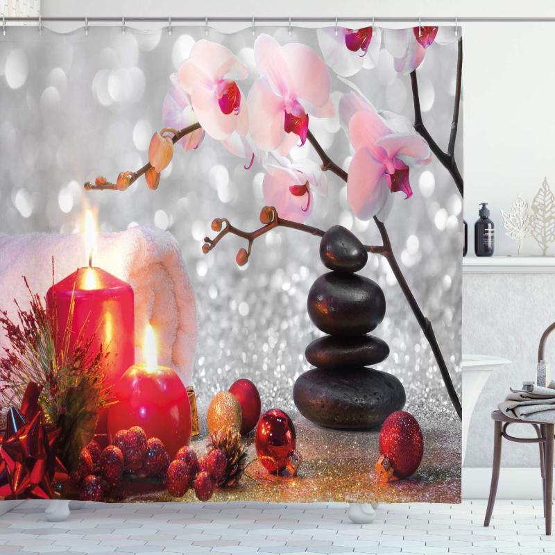 Spa Shower Curtain, Winter Christmas Themed with Pink Orchid Stone and Red Candles Image, Cloth Fabric Bathroom Decor Set with1
Spa Shower Curtain, Winter Christmas Themed with Pink Orchid Stone and Red Candles Image, Cloth Fabric Bathroom Decor Set with1