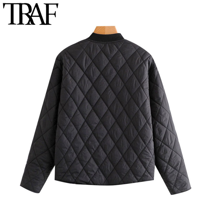 TRAF Women Fashion Argyle Loose Padded Jacket Coat Vintage Long Sleeve Side Pockets Female Outerwear Chic Tops 201017